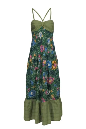 Anthropologie - Green & Multicolor Floral Print Cotton Maxi Dress Sz 6