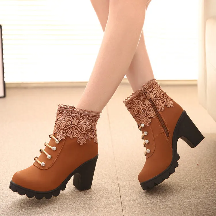 Beads Lace Decorate Chunky Heel Side Zipper Short Boots
