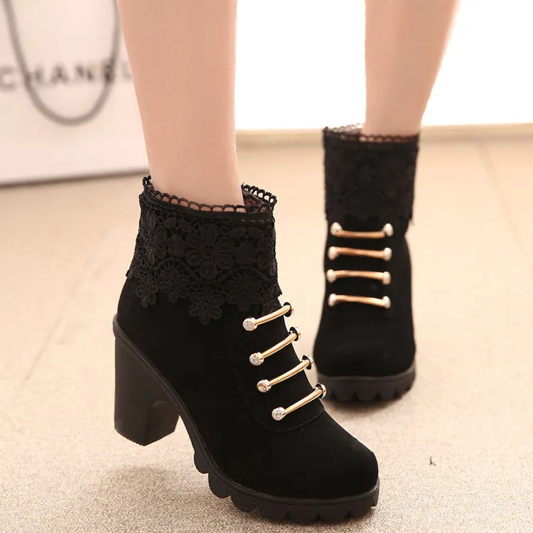 Beads Lace Decorate Chunky Heel Side Zipper Short Boots