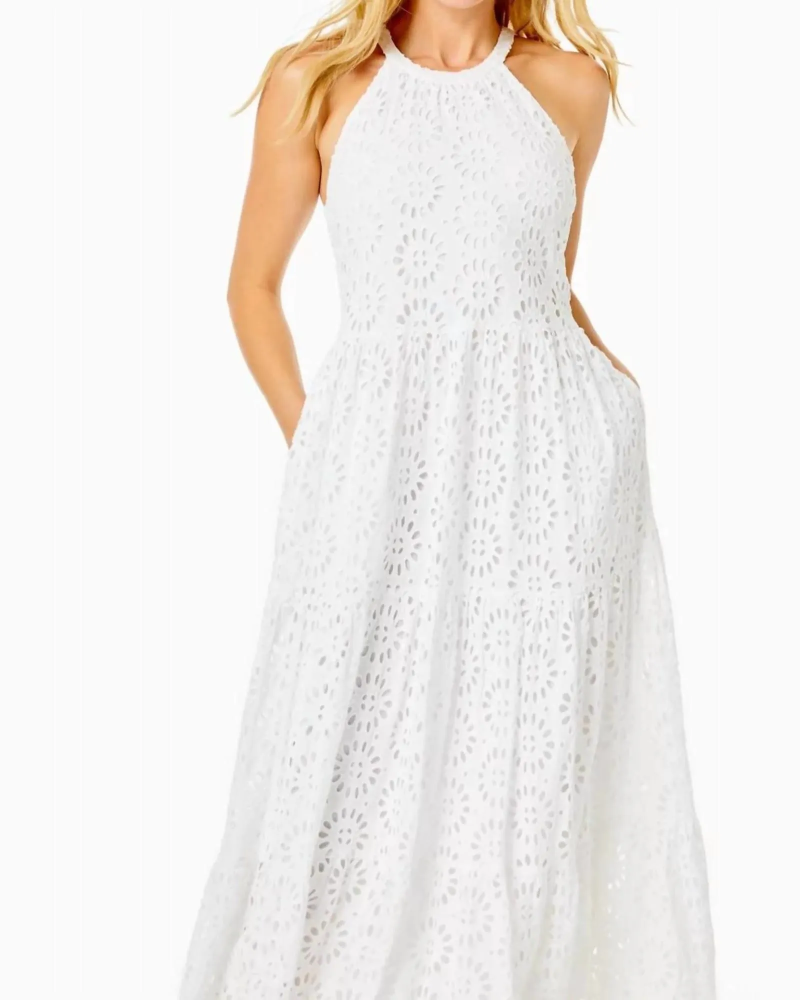 Beccalyn Eyelet Maxi Dress in Resort White Oversized Pinwheel Rayon Eyelet | Resort White Oversized Pinwheel Rayon Eyelet
