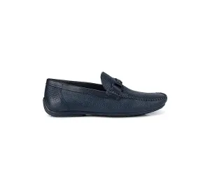 Blue Textured Moccasins with Leather Panel