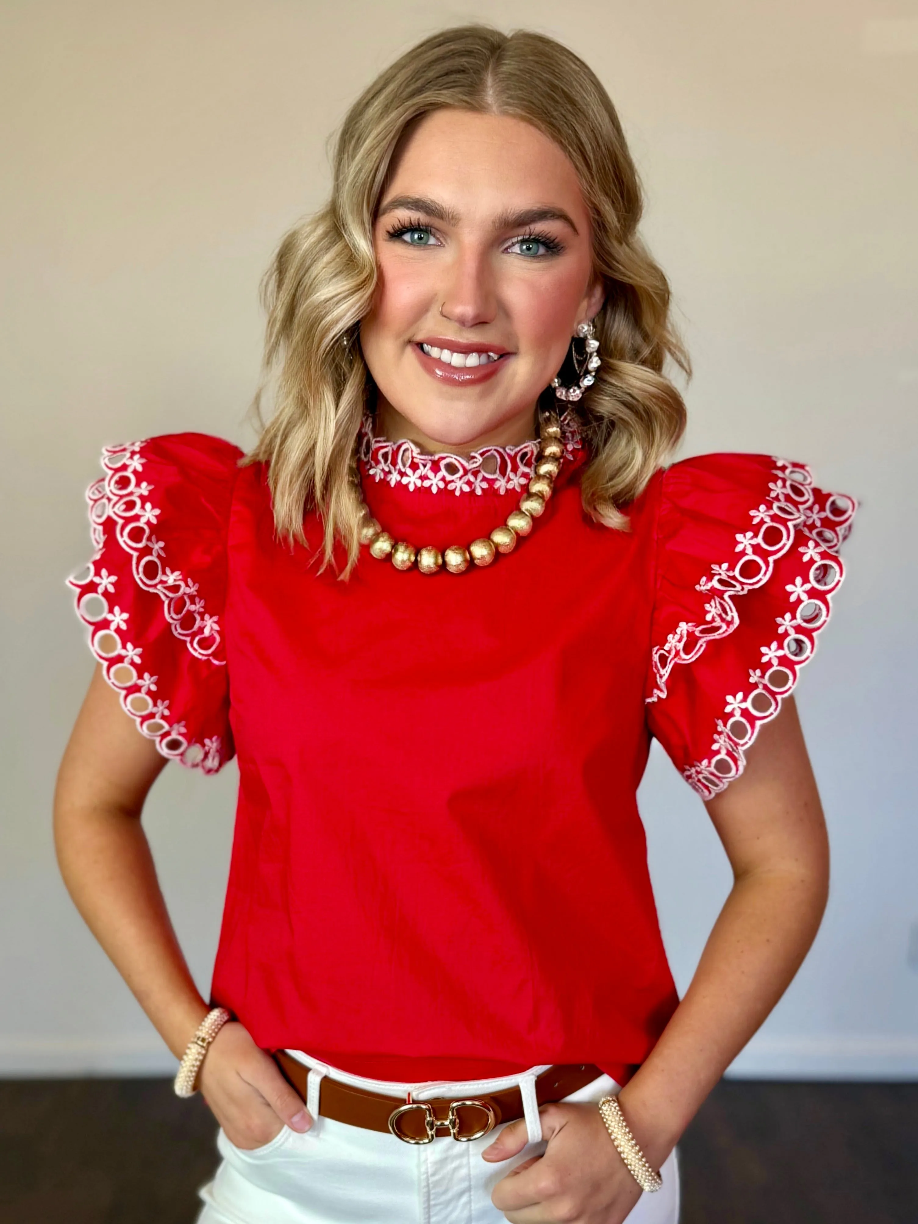 Breezy Charm Red Ruffle Sleeve Top