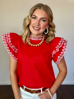 Breezy Charm Red Ruffle Sleeve Top
