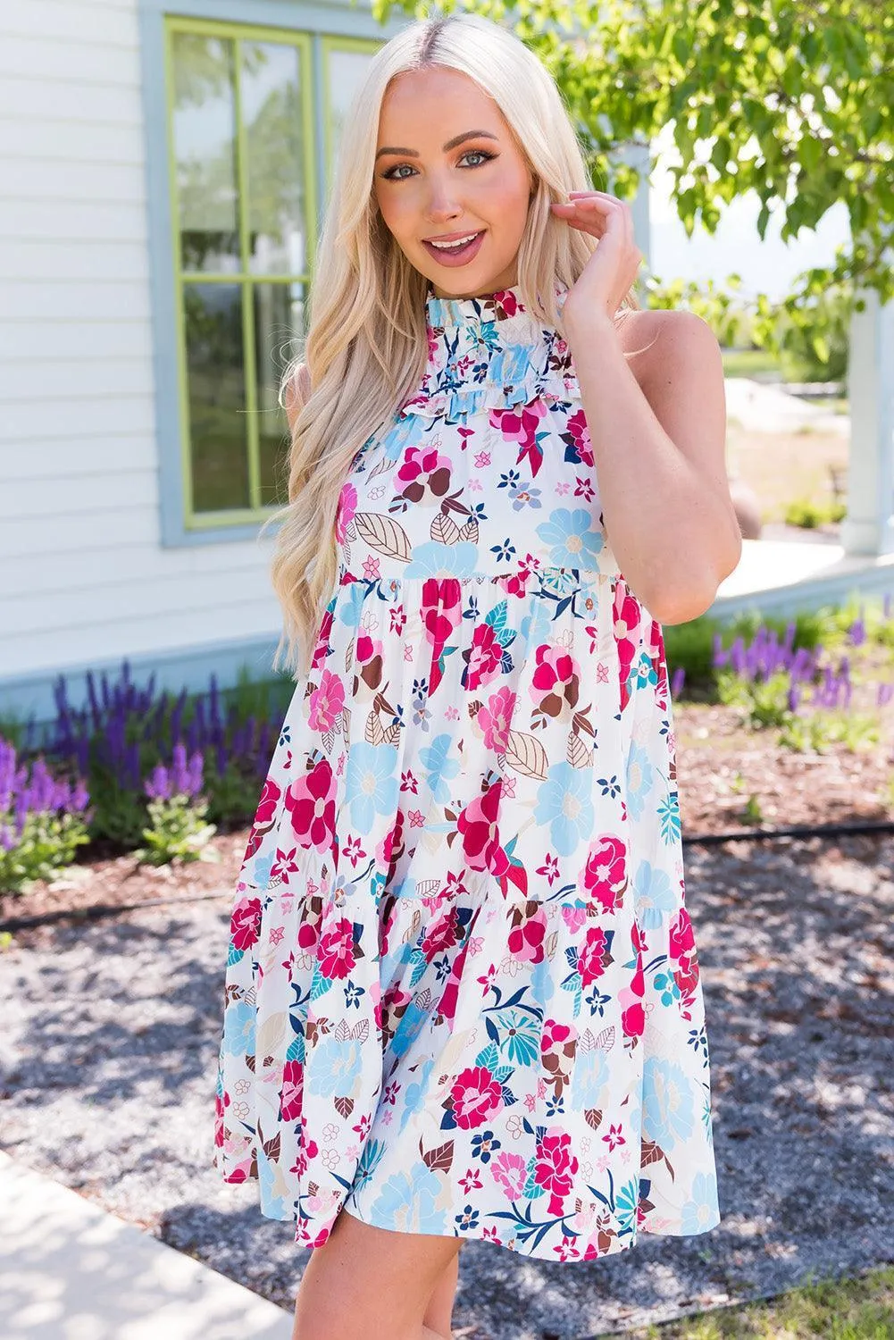 Bright And Breezy Sleeveless Mock Neck Floral Dress