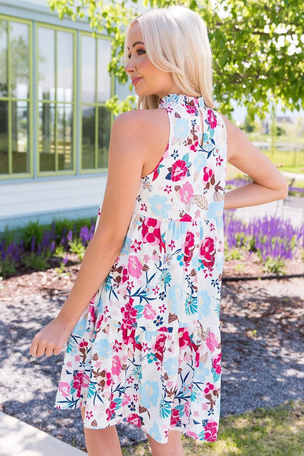 Bright And Breezy Sleeveless Mock Neck Floral Dress