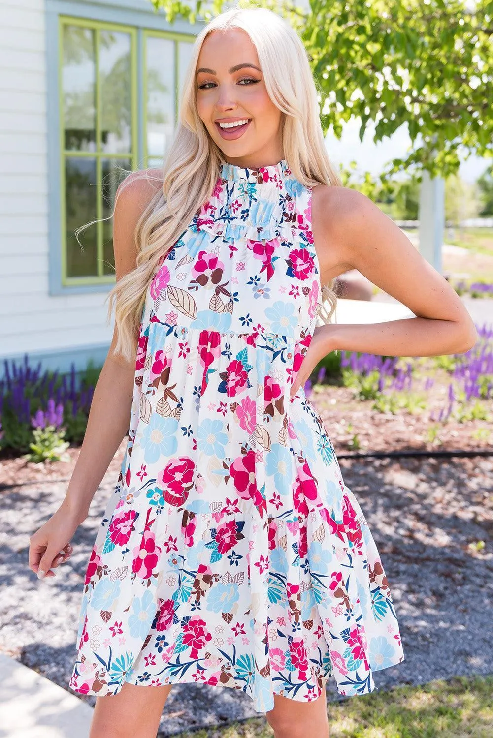Bright And Breezy Sleeveless Mock Neck Floral Dress