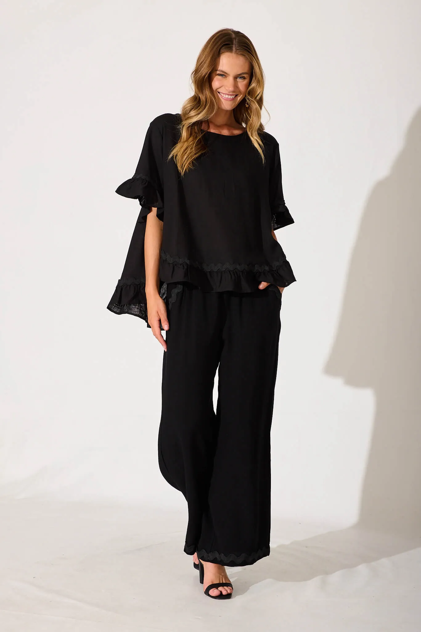 Catharina Top In Black With Ric Rac Trim Linen Blend