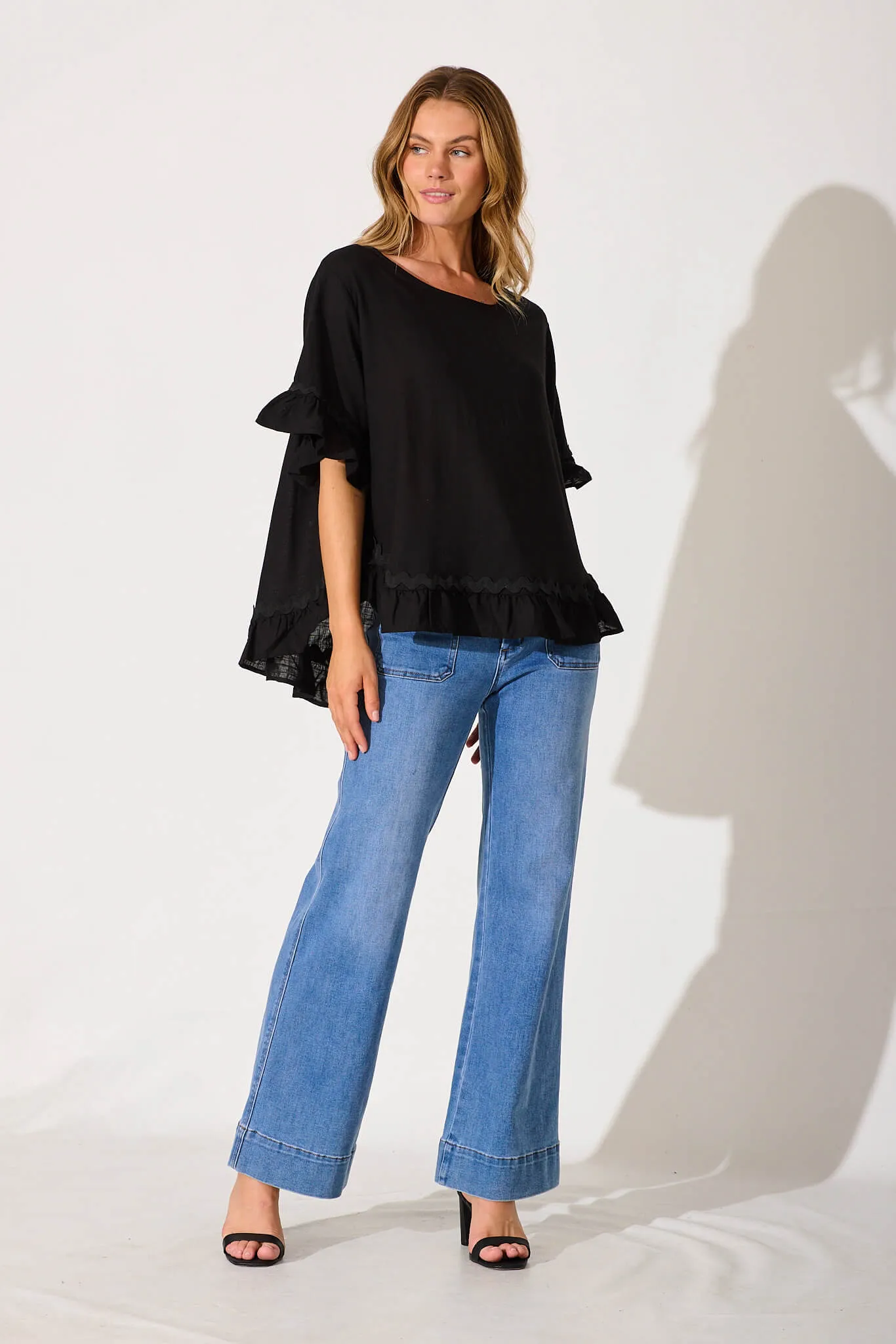 Catharina Top In Black With Ric Rac Trim Linen Blend