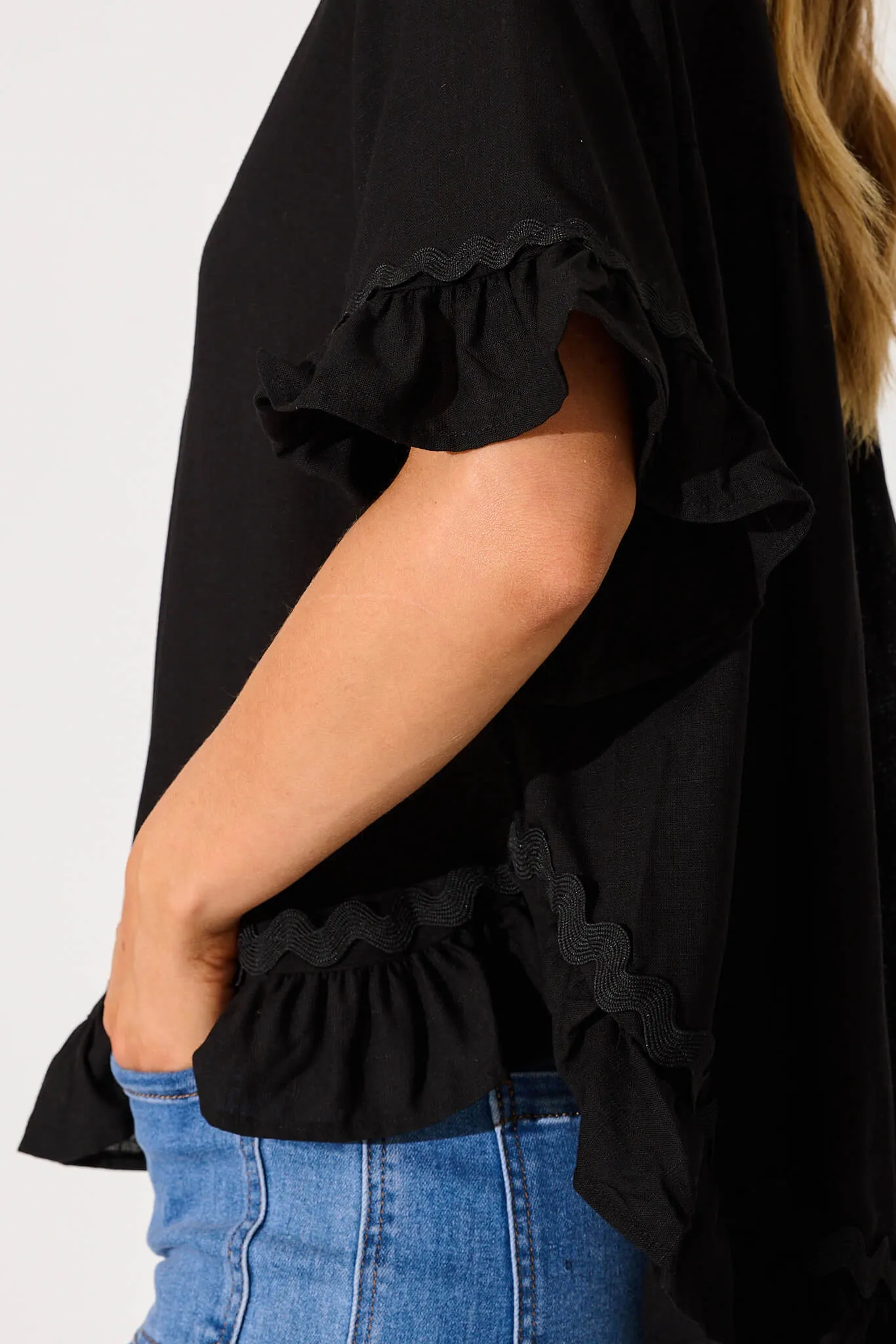 Catharina Top In Black With Ric Rac Trim Linen Blend