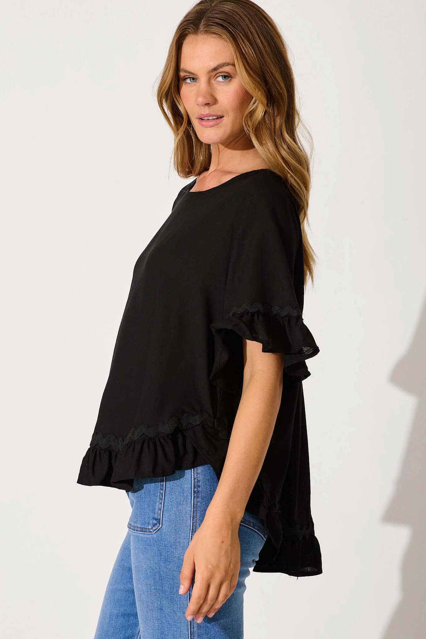 Catharina Top In Black With Ric Rac Trim Linen Blend