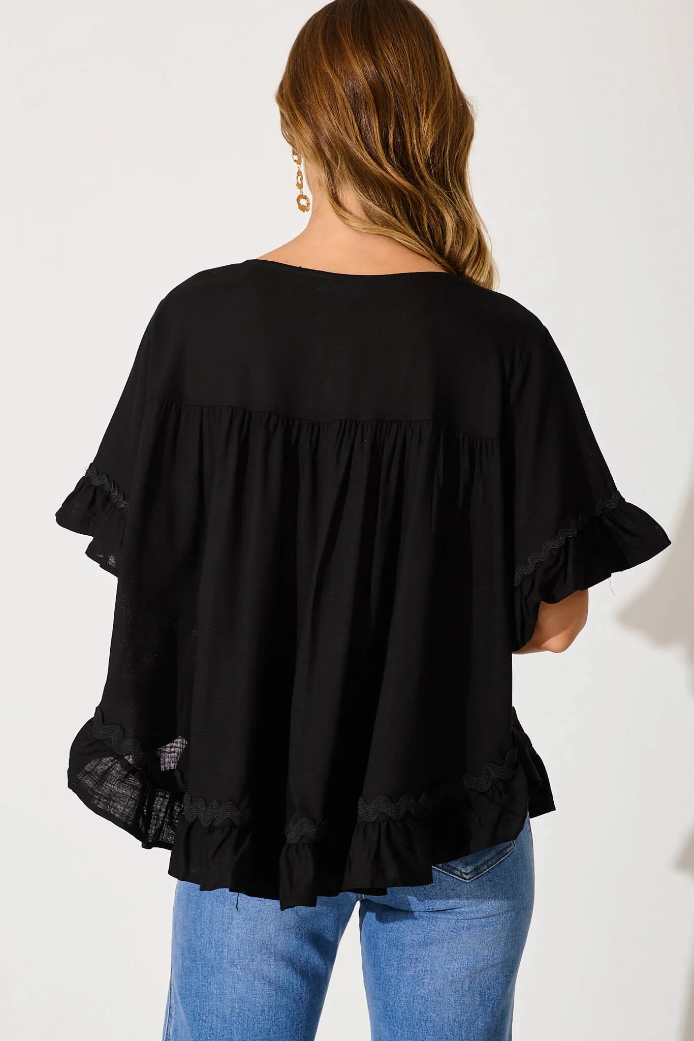 Catharina Top In Black With Ric Rac Trim Linen Blend