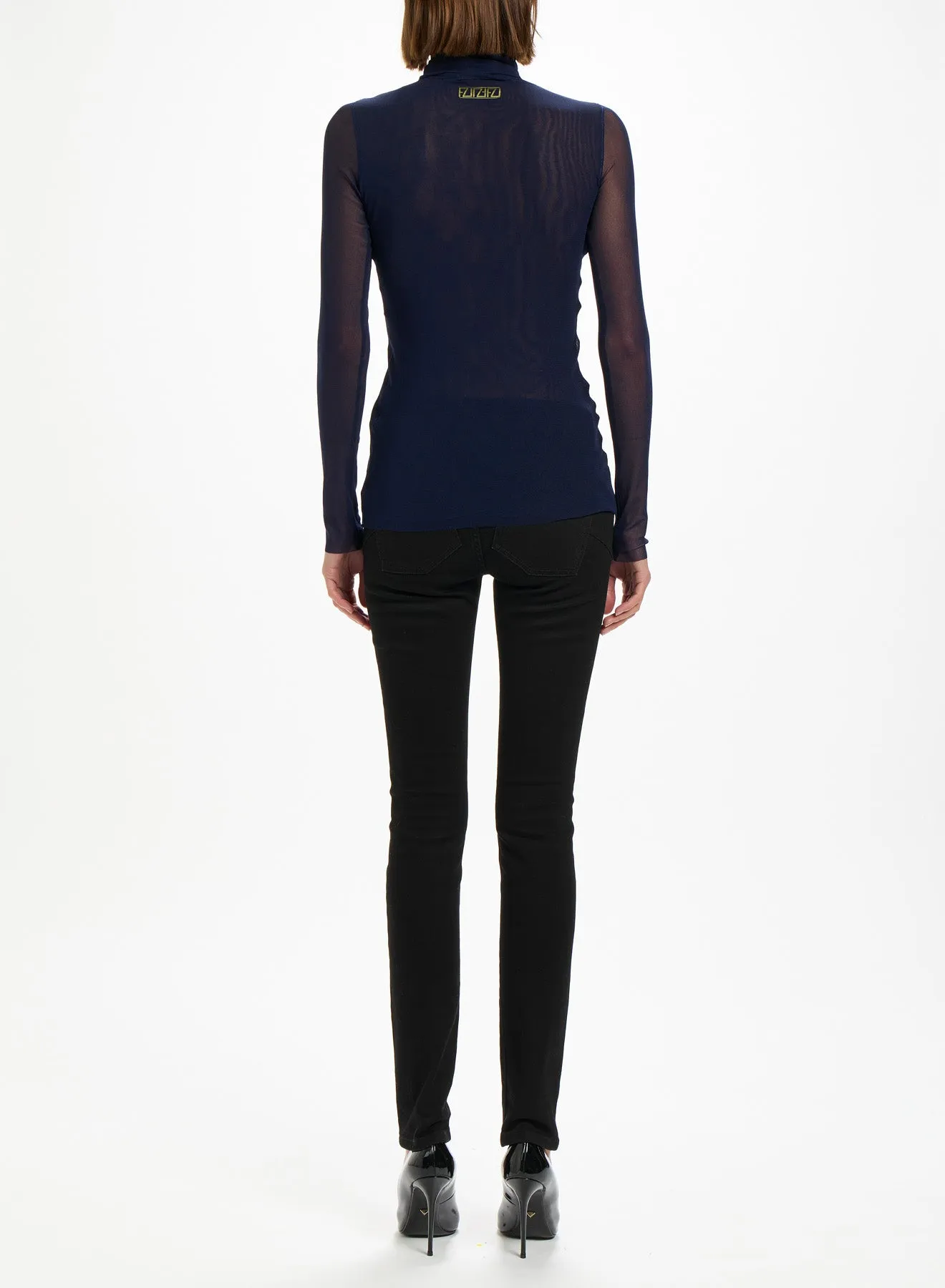 Fuzzi Woman Mesh Mock Neck Top with Sheer Sleeves