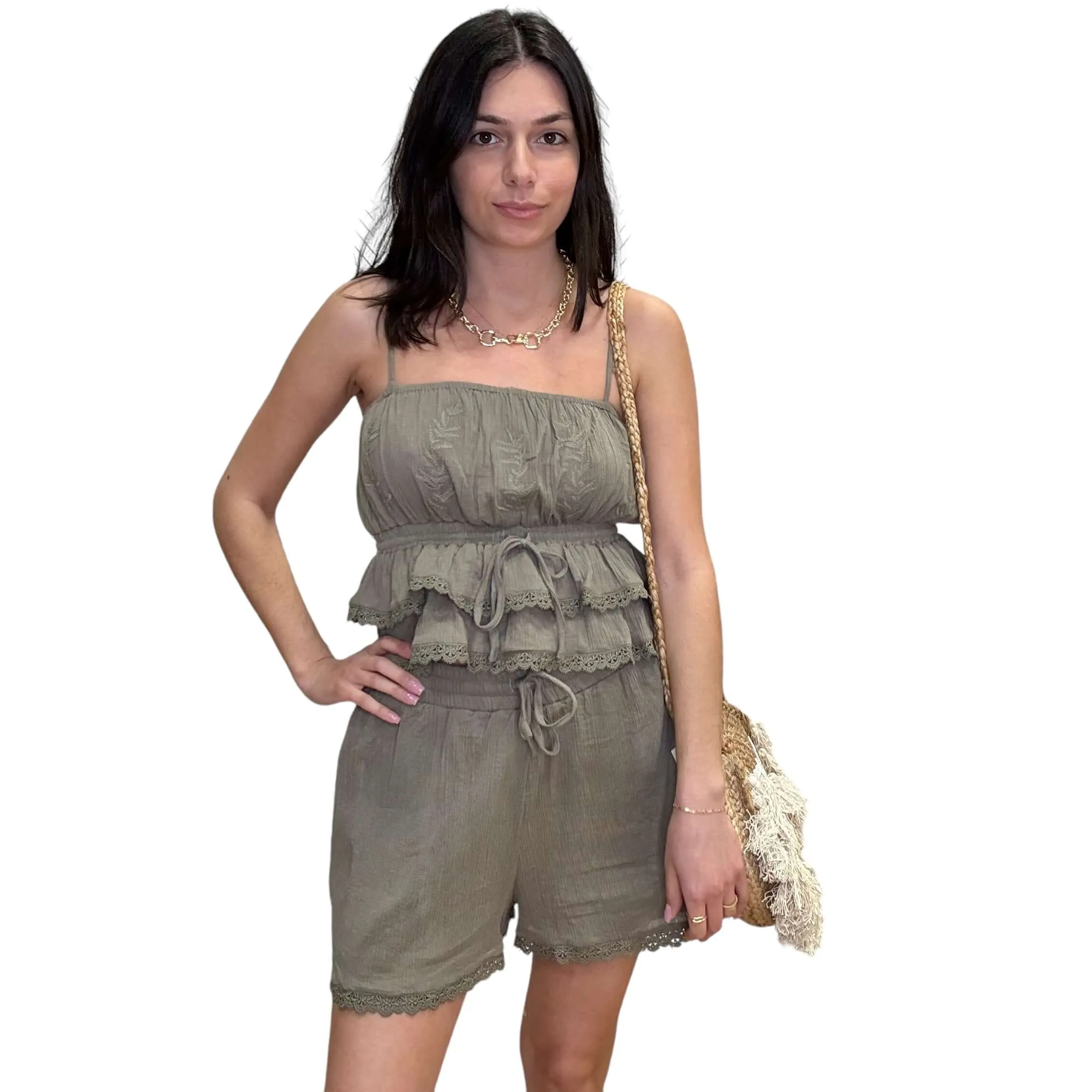 Gauze Lace Trim Cami and Shorts Set