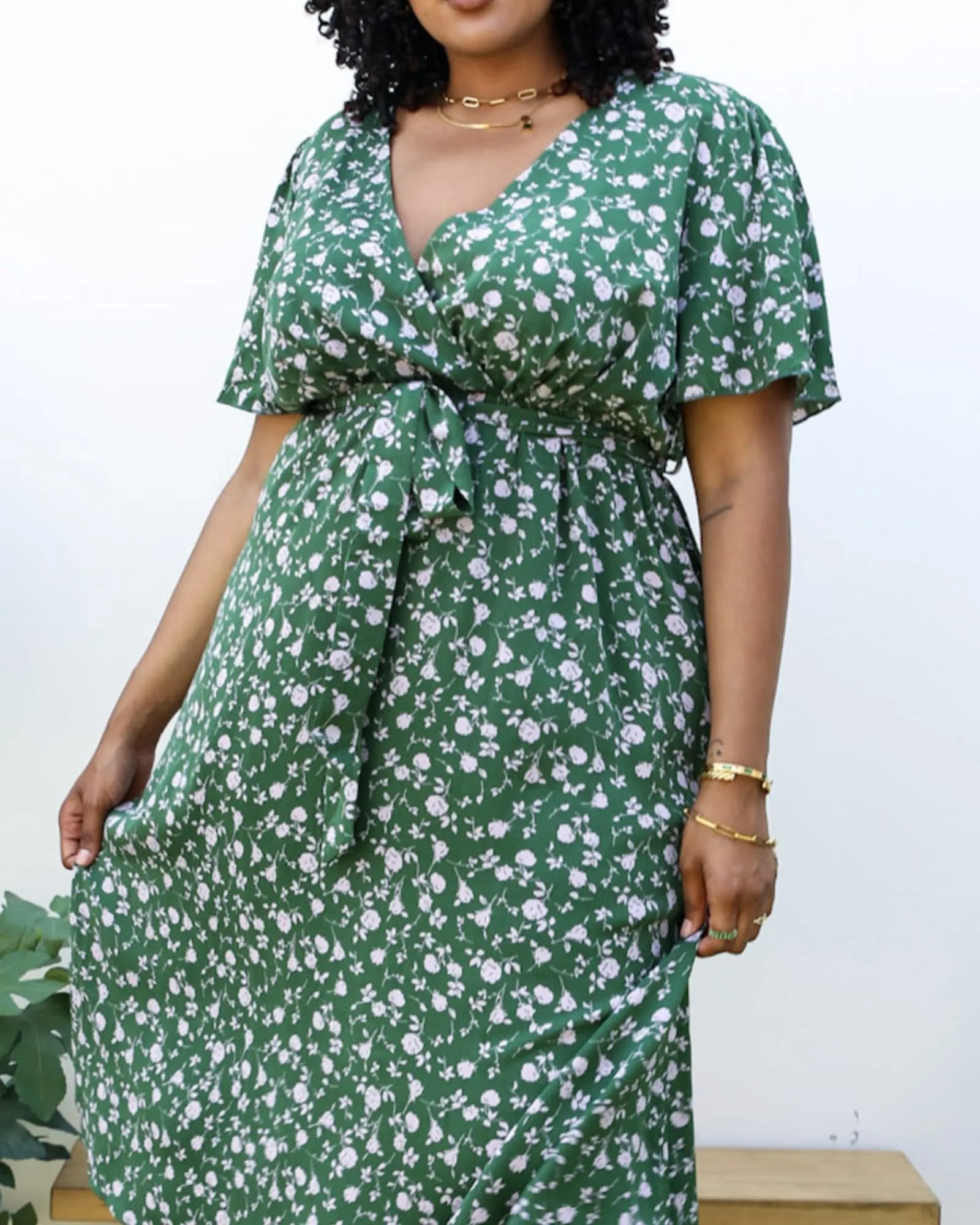 Green Maxi Dress with White Floral Print | Green