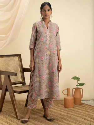 Grey Printed Cotton Straight Kurta With Trousers