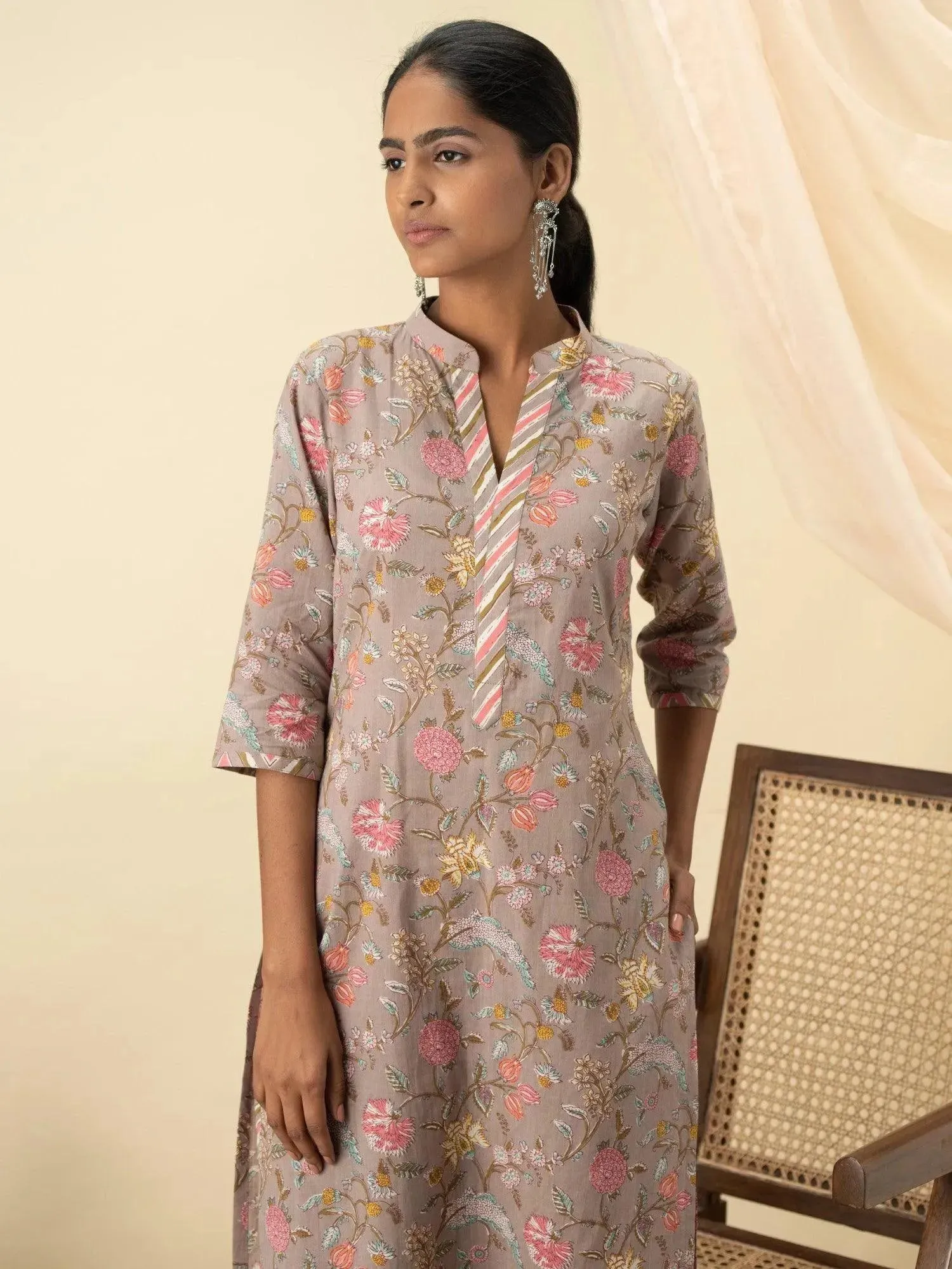 Grey Printed Cotton Straight Kurta With Trousers