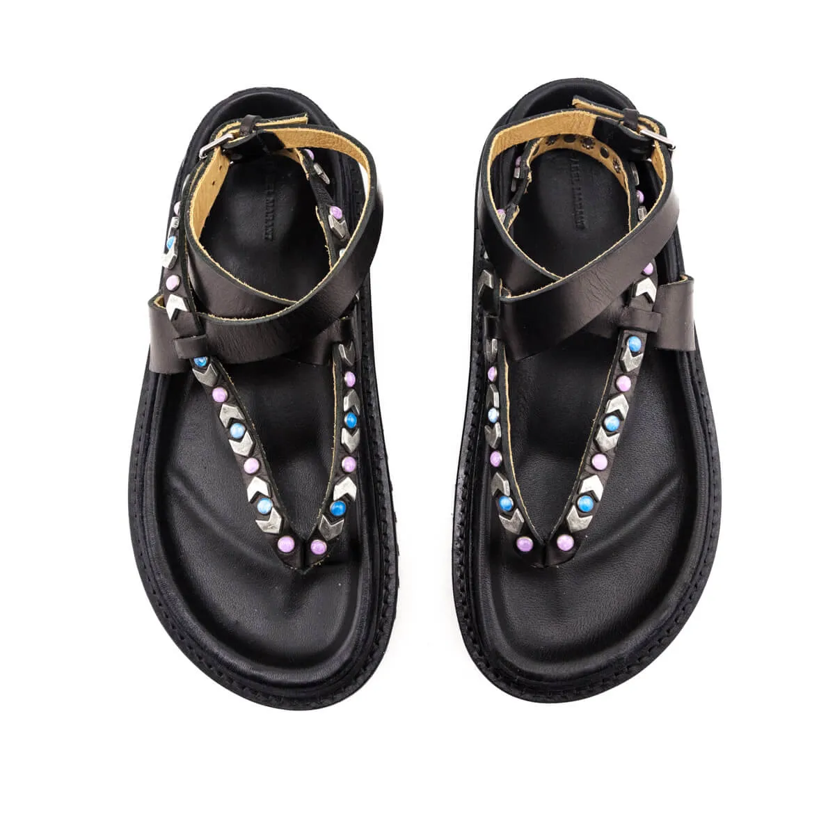 Isabel Marant Black Leather Studded T-Strap Platform Sandals Size US 5 | EU 35