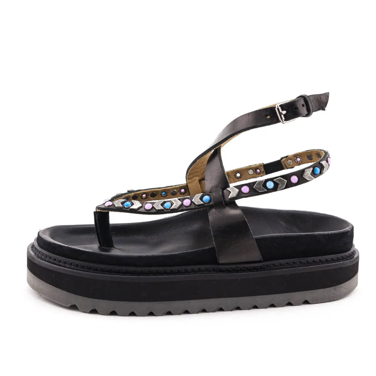 Isabel Marant Black Leather Studded T-Strap Platform Sandals Size US 5 | EU 35