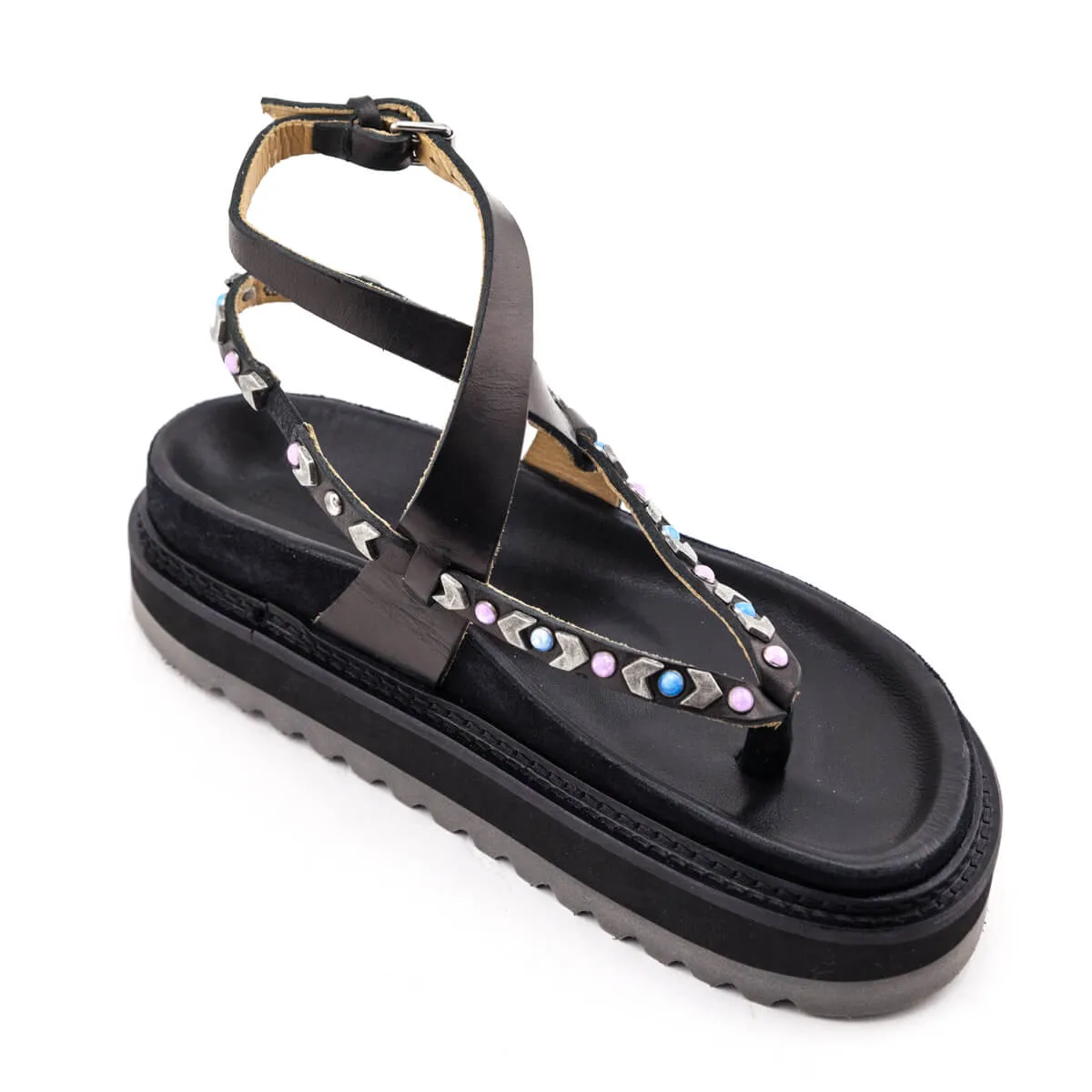 Isabel Marant Black Leather Studded T-Strap Platform Sandals Size US 5 | EU 35