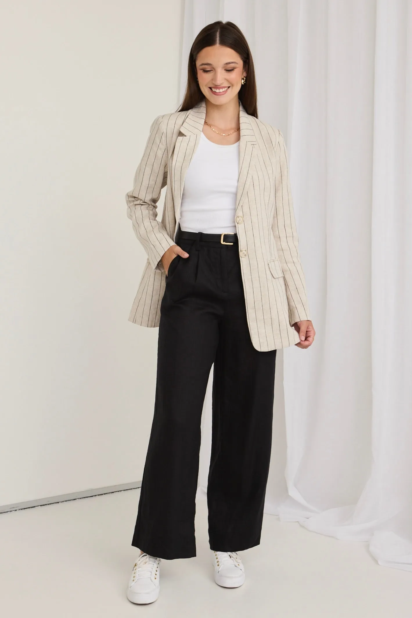 Island Black Linen Pleat Front Wide Leg Pant