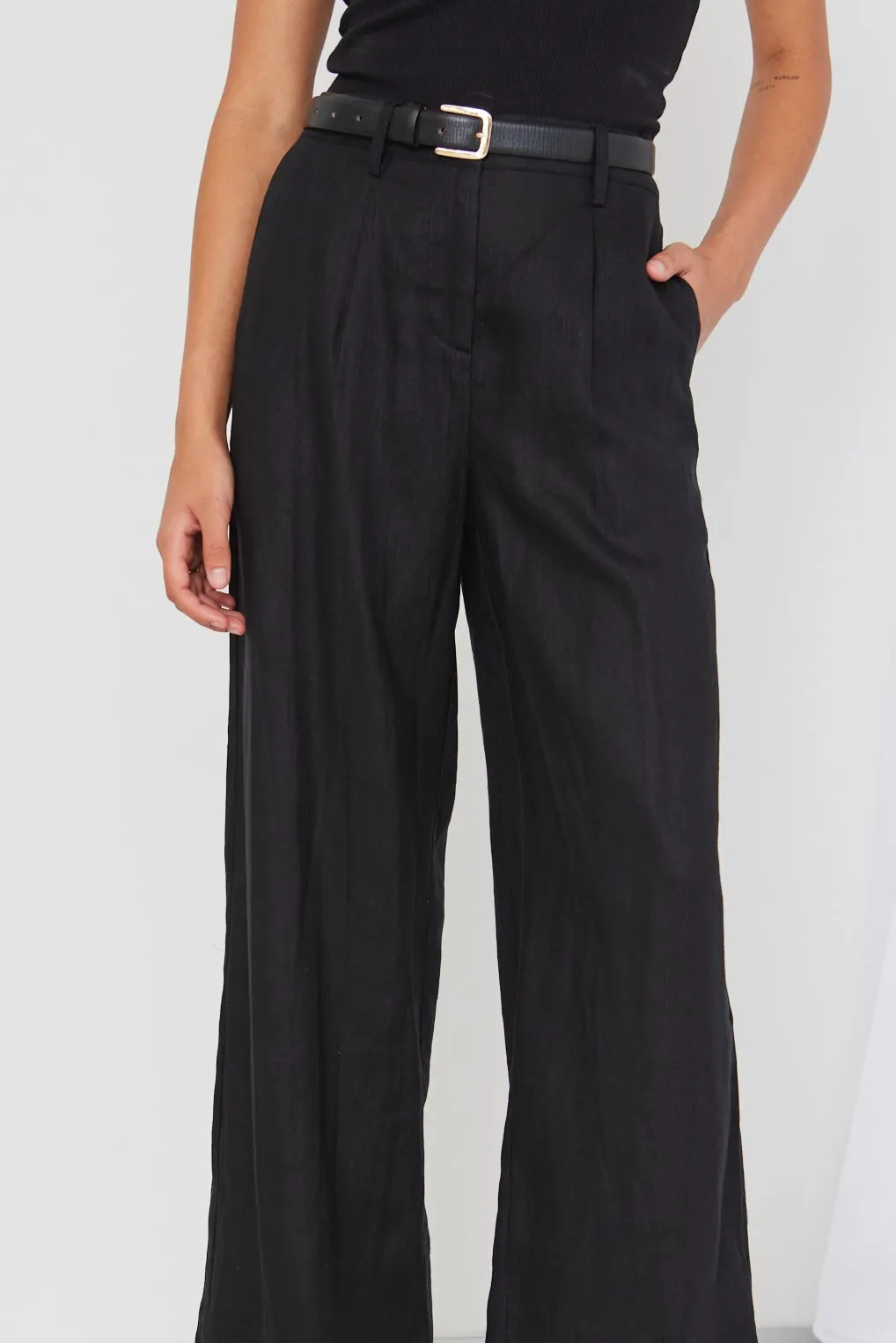 Island Black Linen Pleat Front Wide Leg Pant