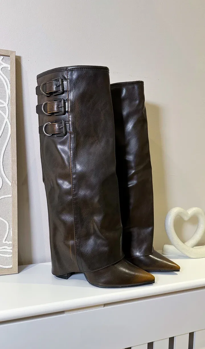 Knee High Fold Over Buckle Boots -Brown