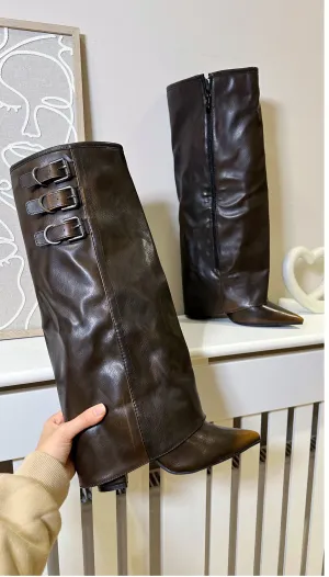Knee High Fold Over Buckle Boots -Brown