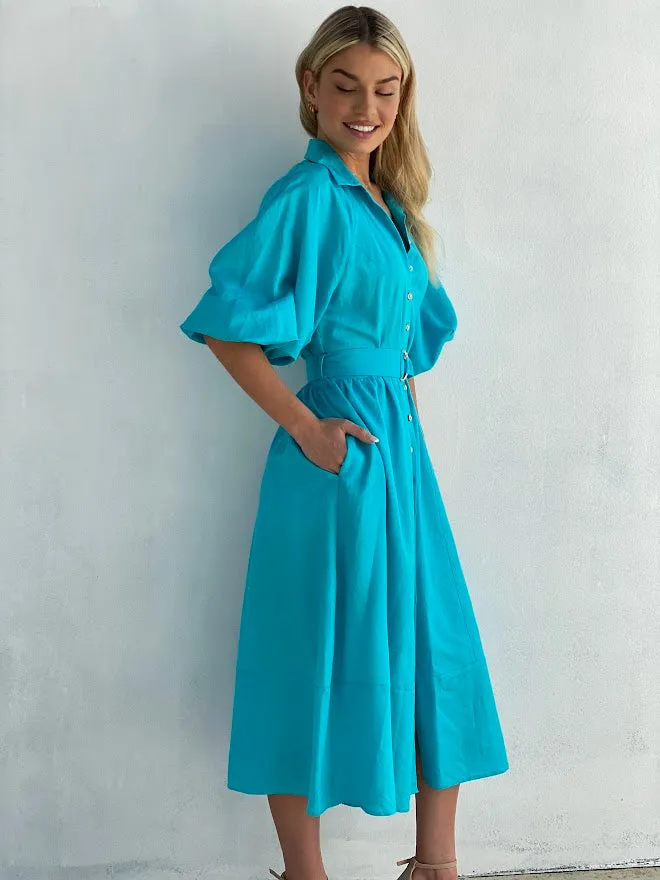 LA1191SS Blue Linen Midi Dress