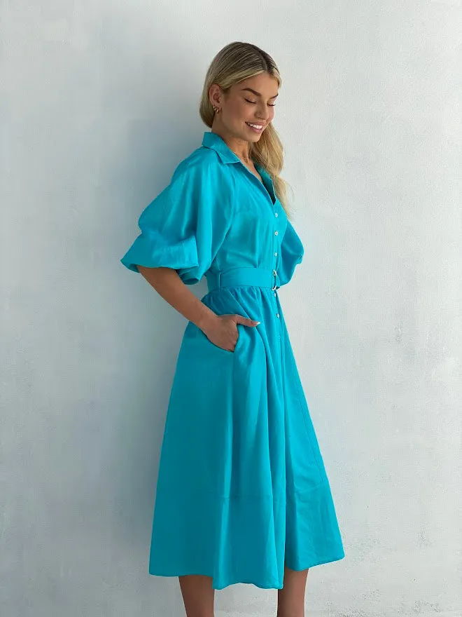LA1191SS Blue Linen Midi Dress