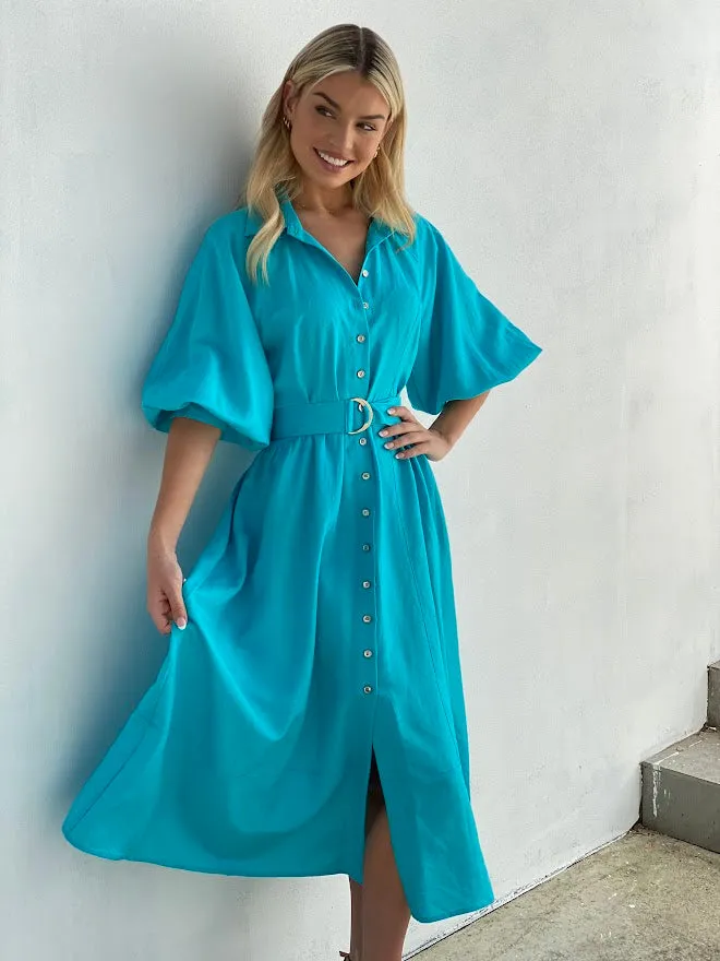 LA1191SS Blue Linen Midi Dress