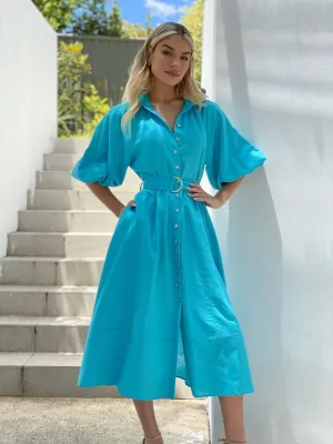 LA1191SS Blue Linen Midi Dress