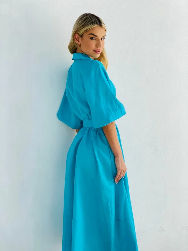 LA1191SS Blue Linen Midi Dress
