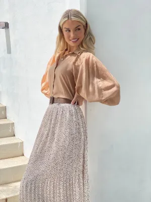 LA1261SS Leopard Pleated Midi Skirt W/belt