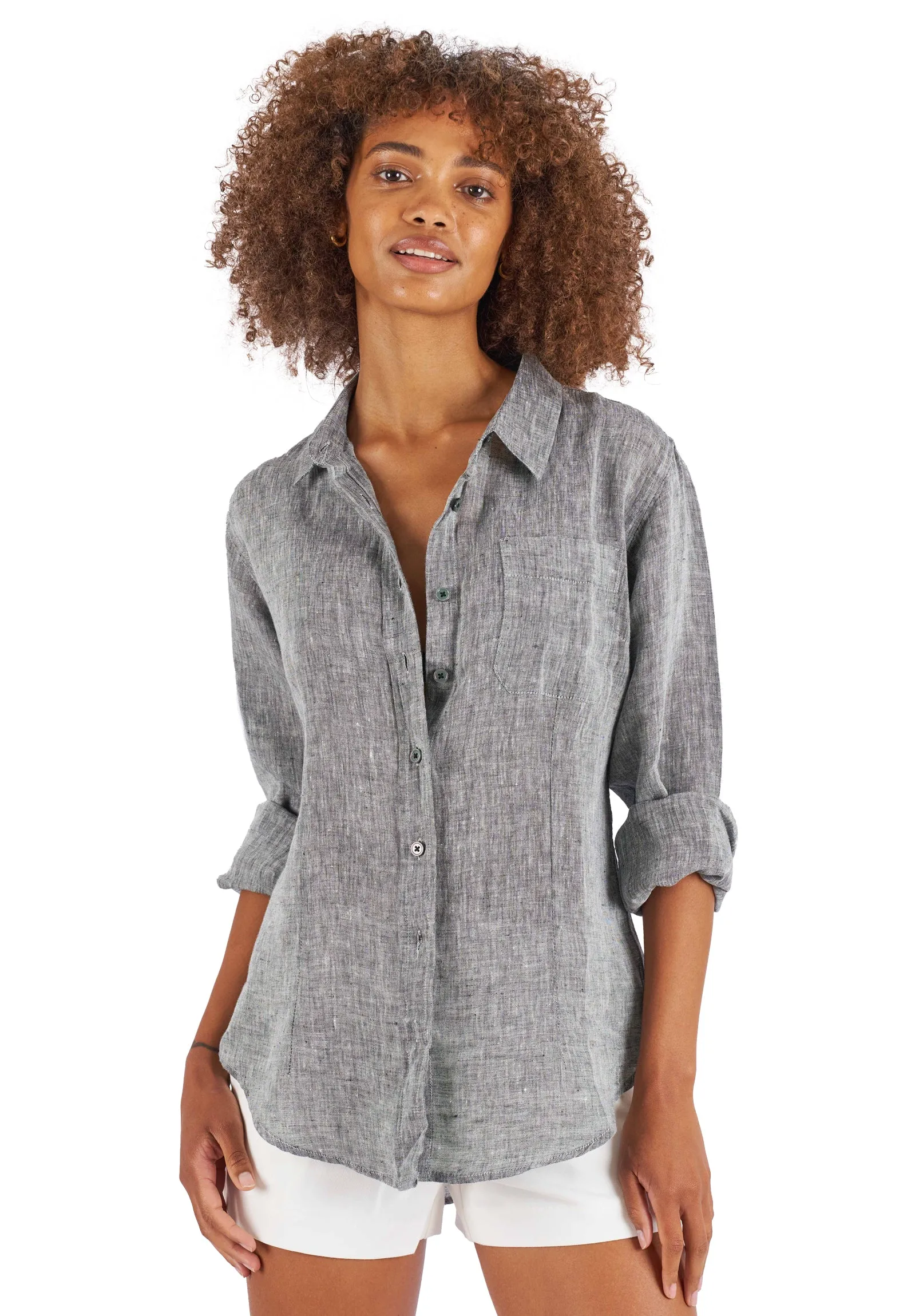 Lina Black Melange Slim-Fit Linen Shirt