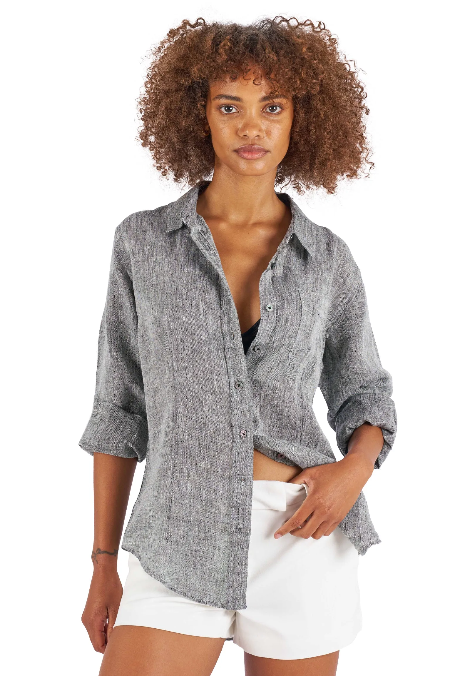 Lina Black Melange Slim-Fit Linen Shirt