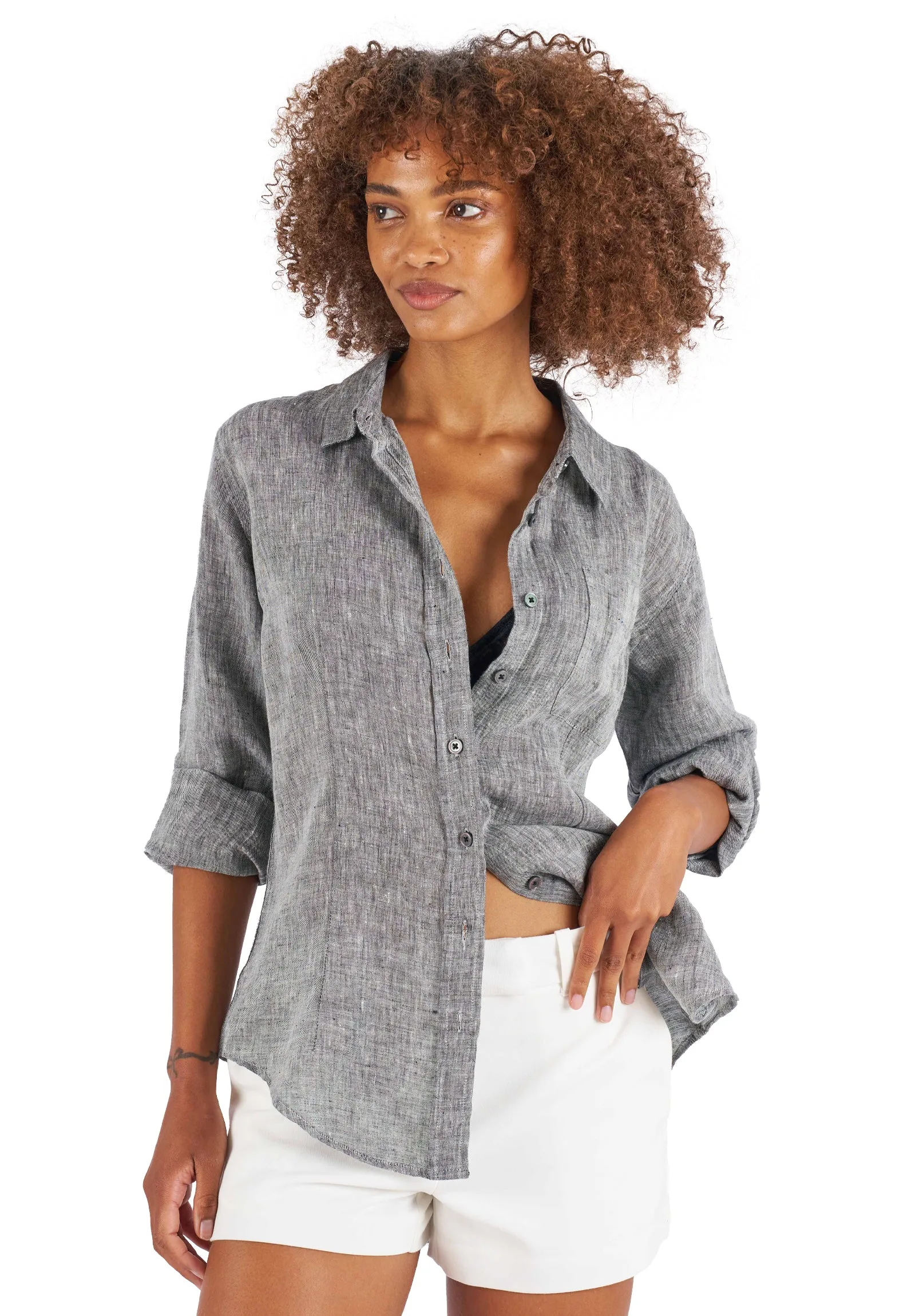 Lina Black Melange Slim-Fit Linen Shirt