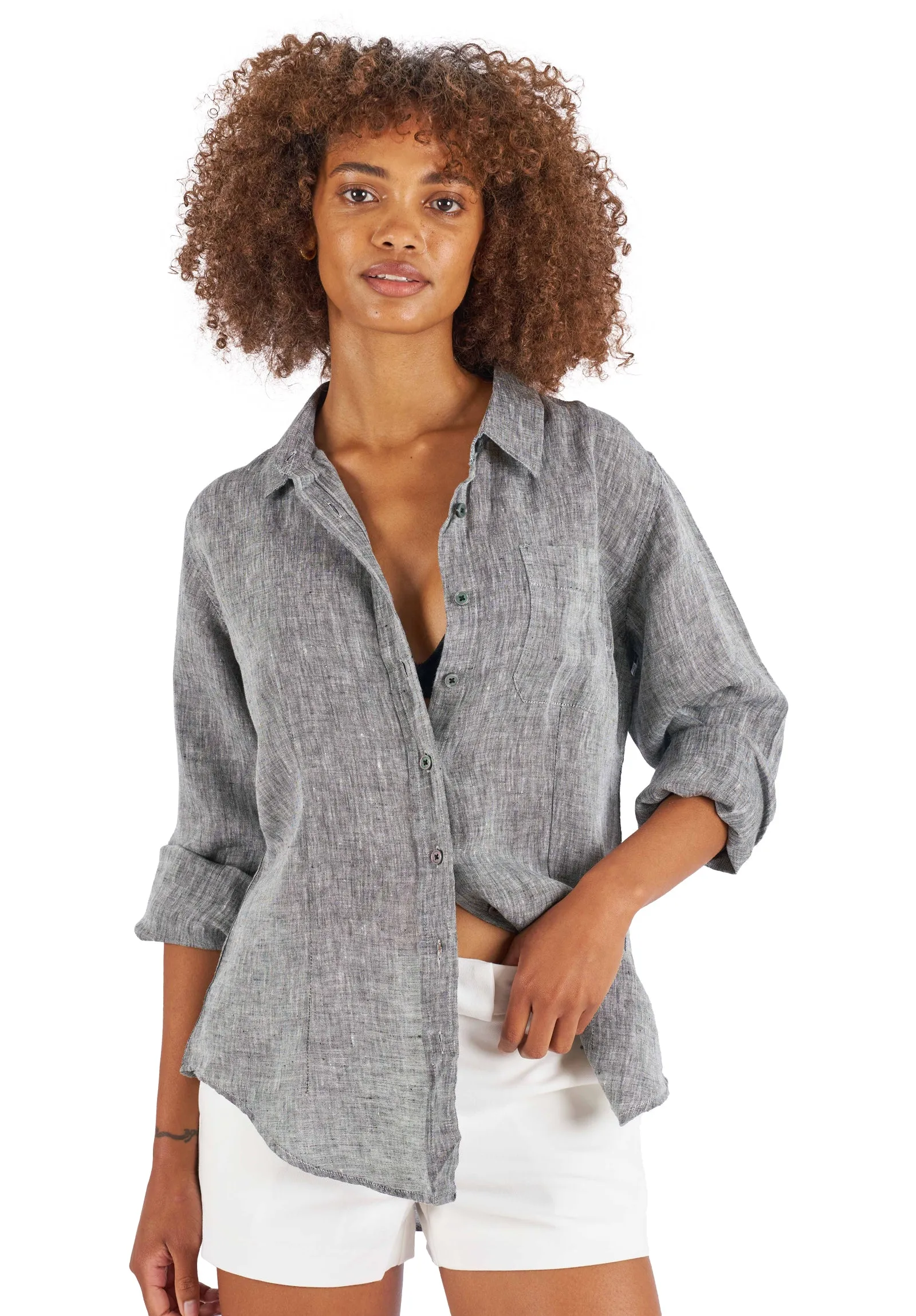 Lina Black Melange Slim-Fit Linen Shirt