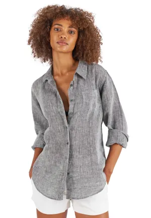 Lina Black Melange Slim-Fit Linen Shirt