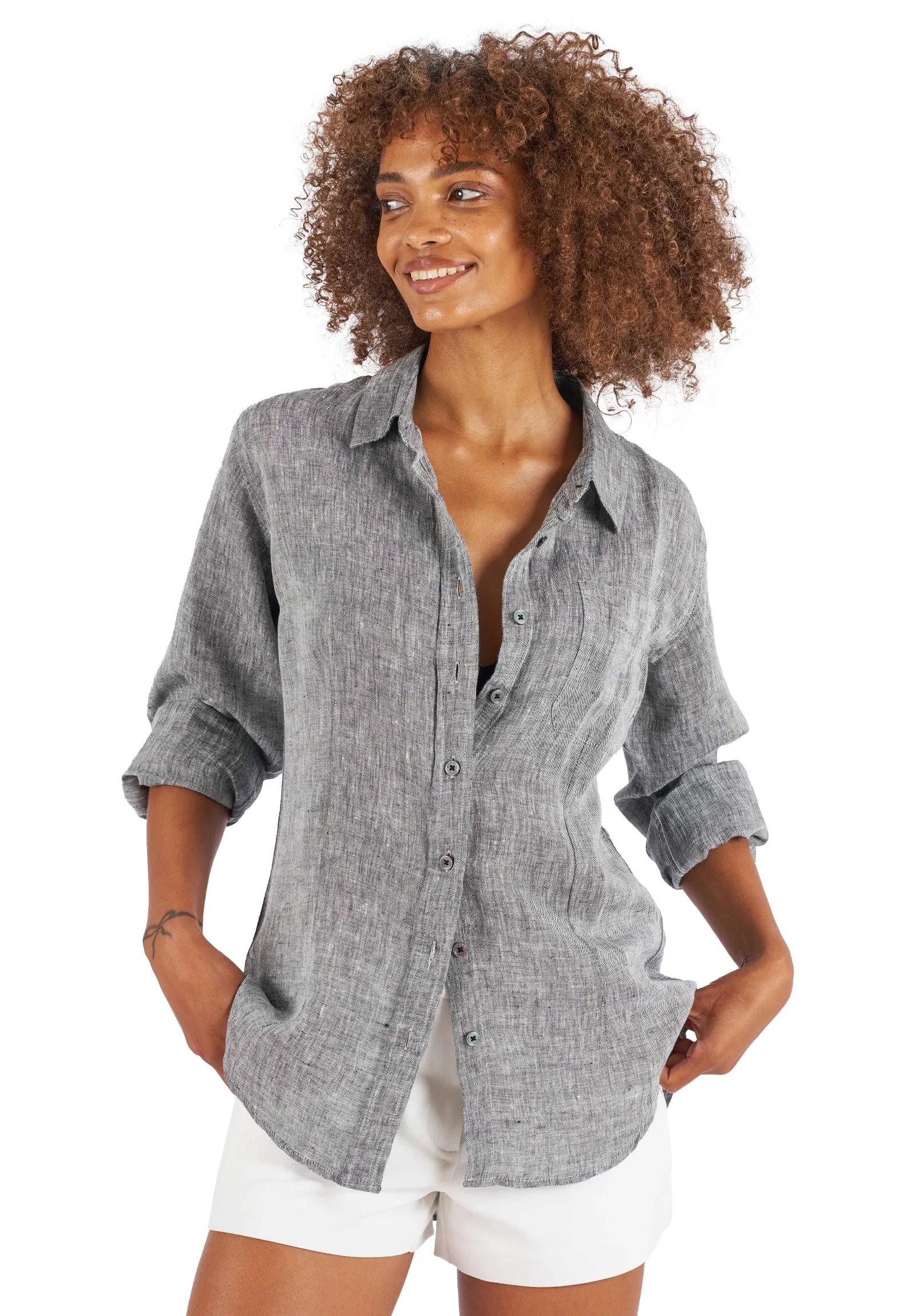 Lina Black Melange Slim-Fit Linen Shirt