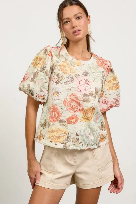 Lydia Short Puff Sleeve Floral Crochet Lace Top Sage