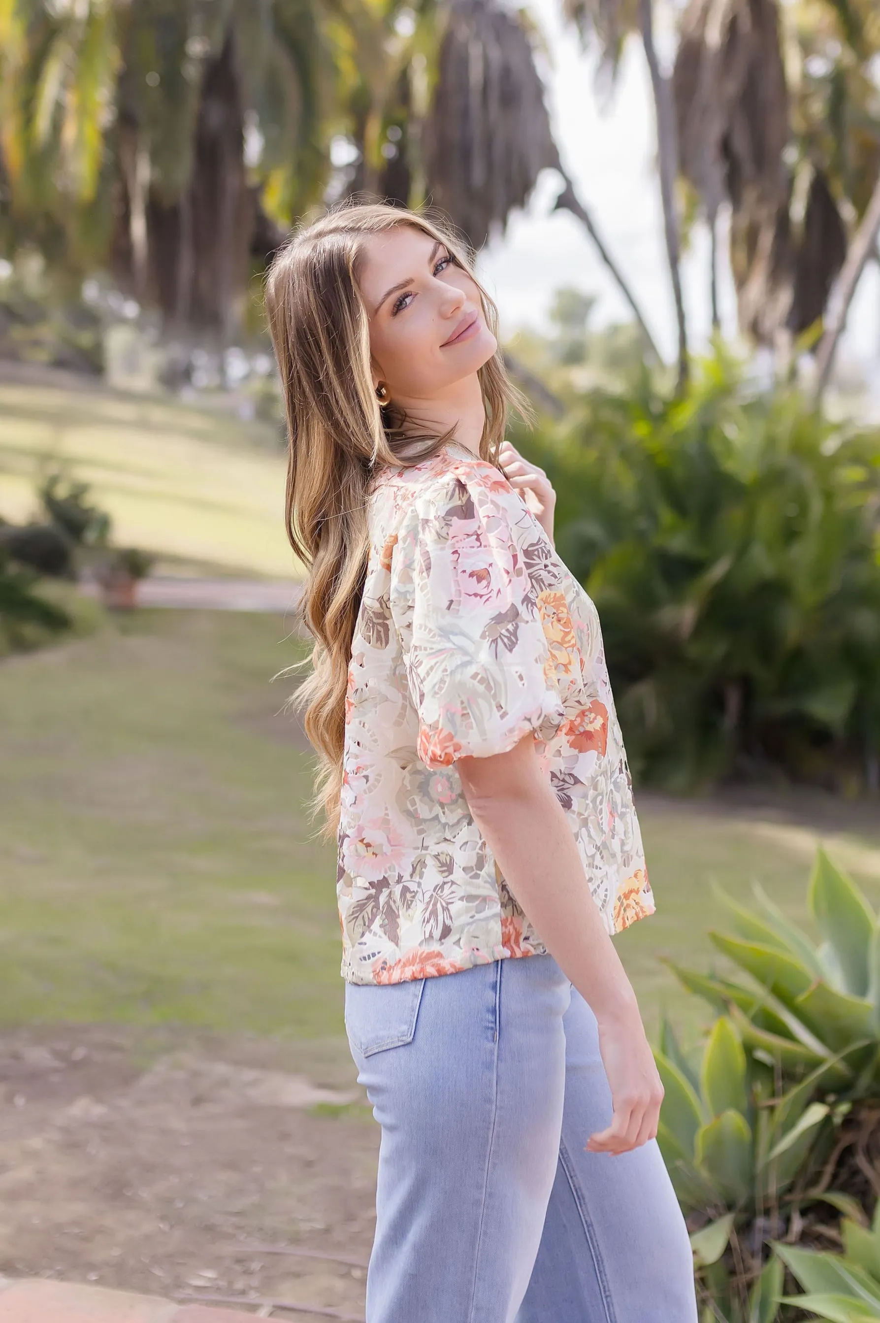 Lydia Short Puff Sleeve Floral Crochet Lace Top Sage