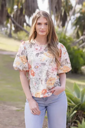Lydia Short Puff Sleeve Floral Crochet Lace Top Sage