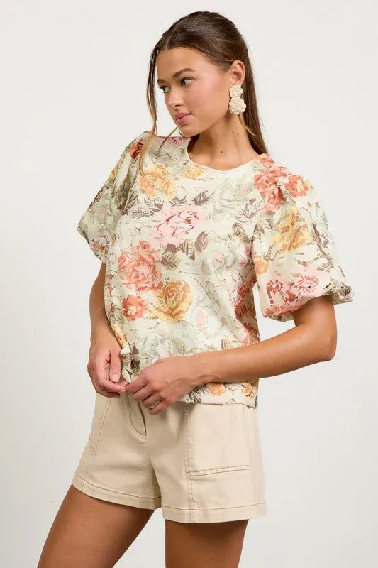 Lydia Short Puff Sleeve Floral Crochet Lace Top Sage
