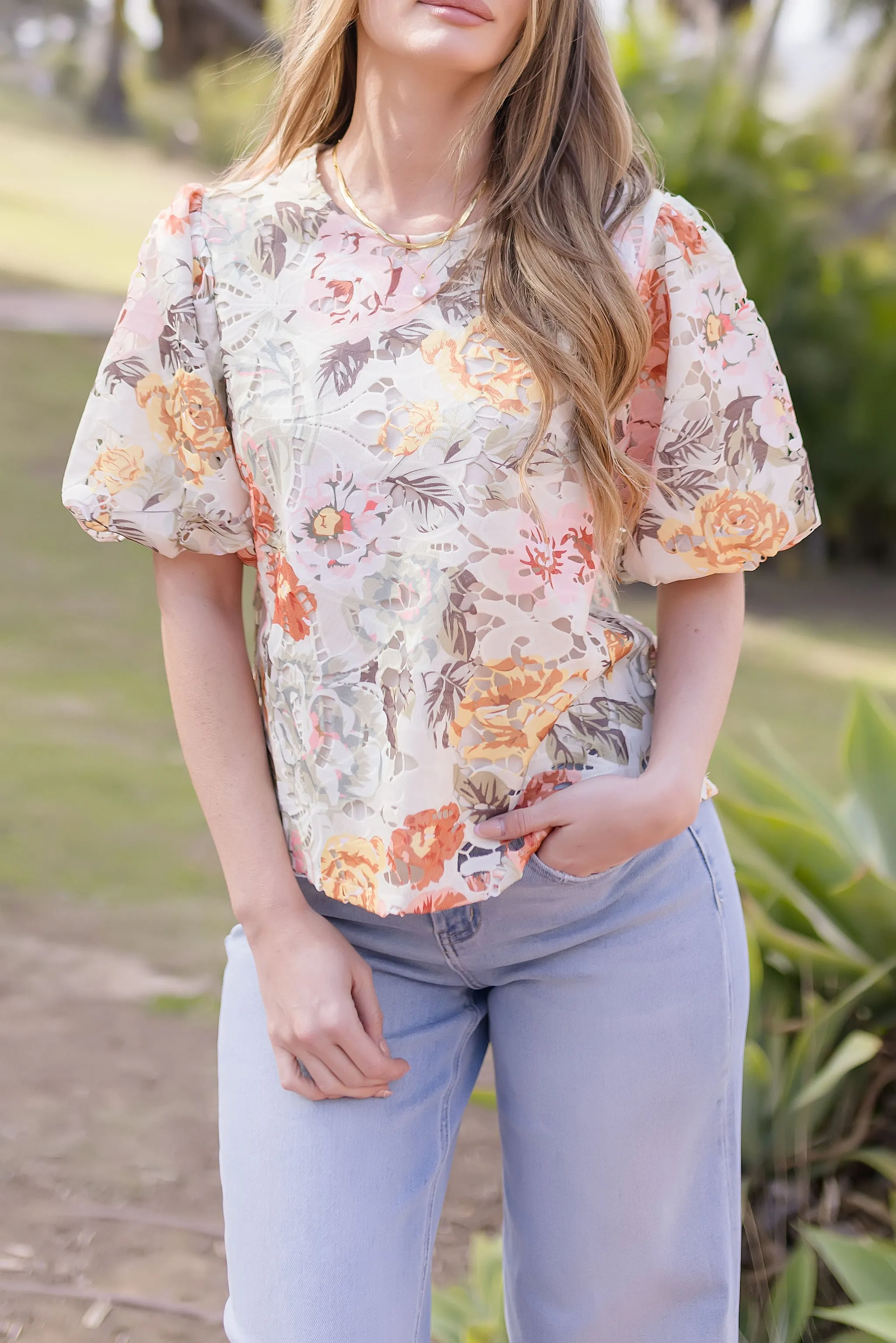 Lydia Short Puff Sleeve Floral Crochet Lace Top Sage