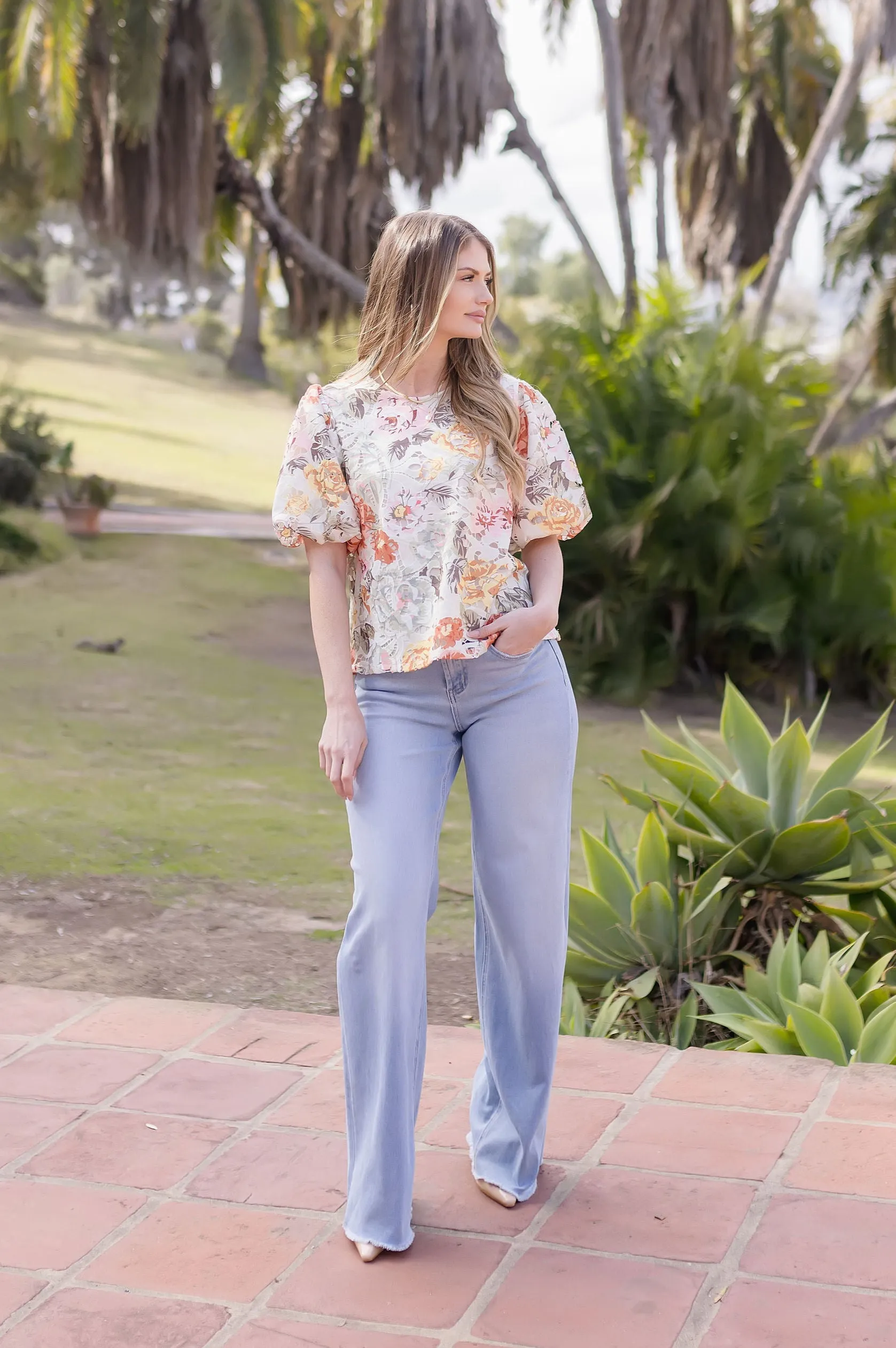 Lydia Short Puff Sleeve Floral Crochet Lace Top Sage