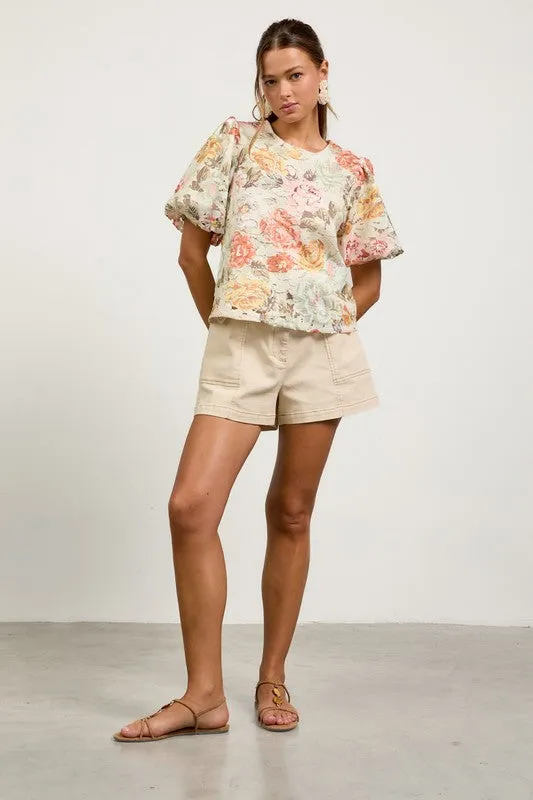 Lydia Short Puff Sleeve Floral Crochet Lace Top Sage