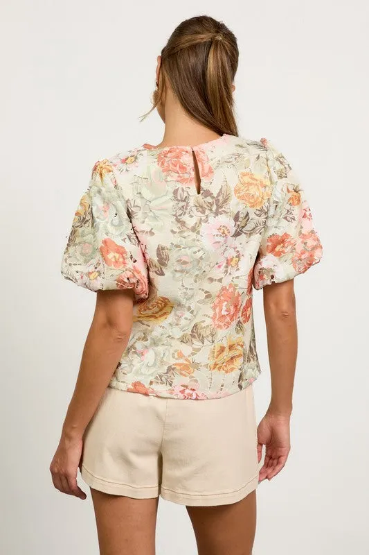 Lydia Short Puff Sleeve Floral Crochet Lace Top Sage