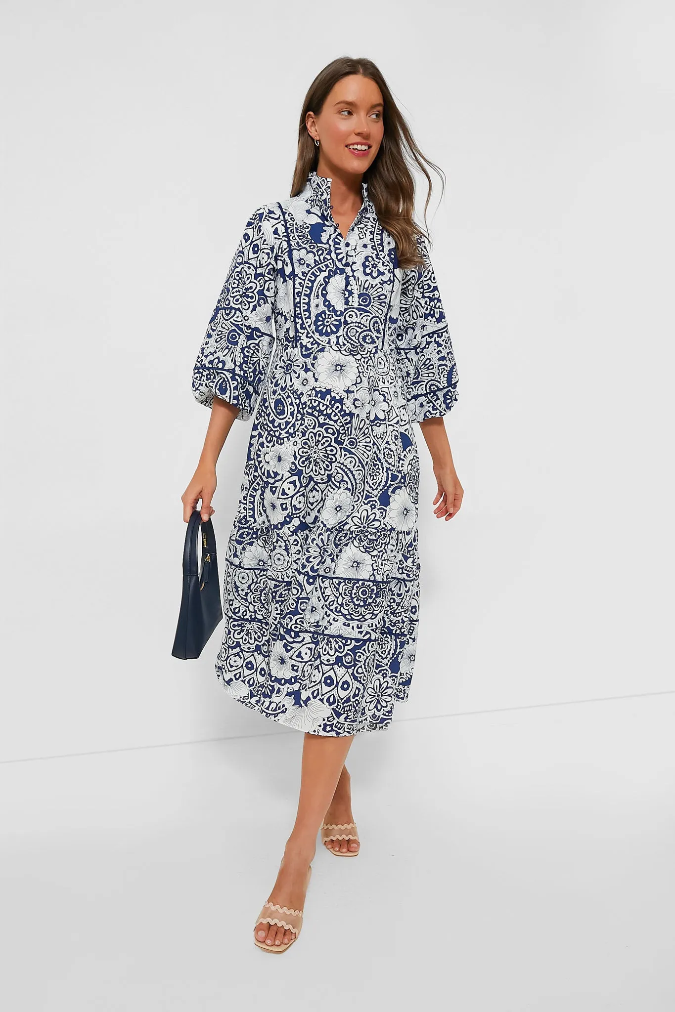 Navy and White Floral Hillsborough Midi Dress